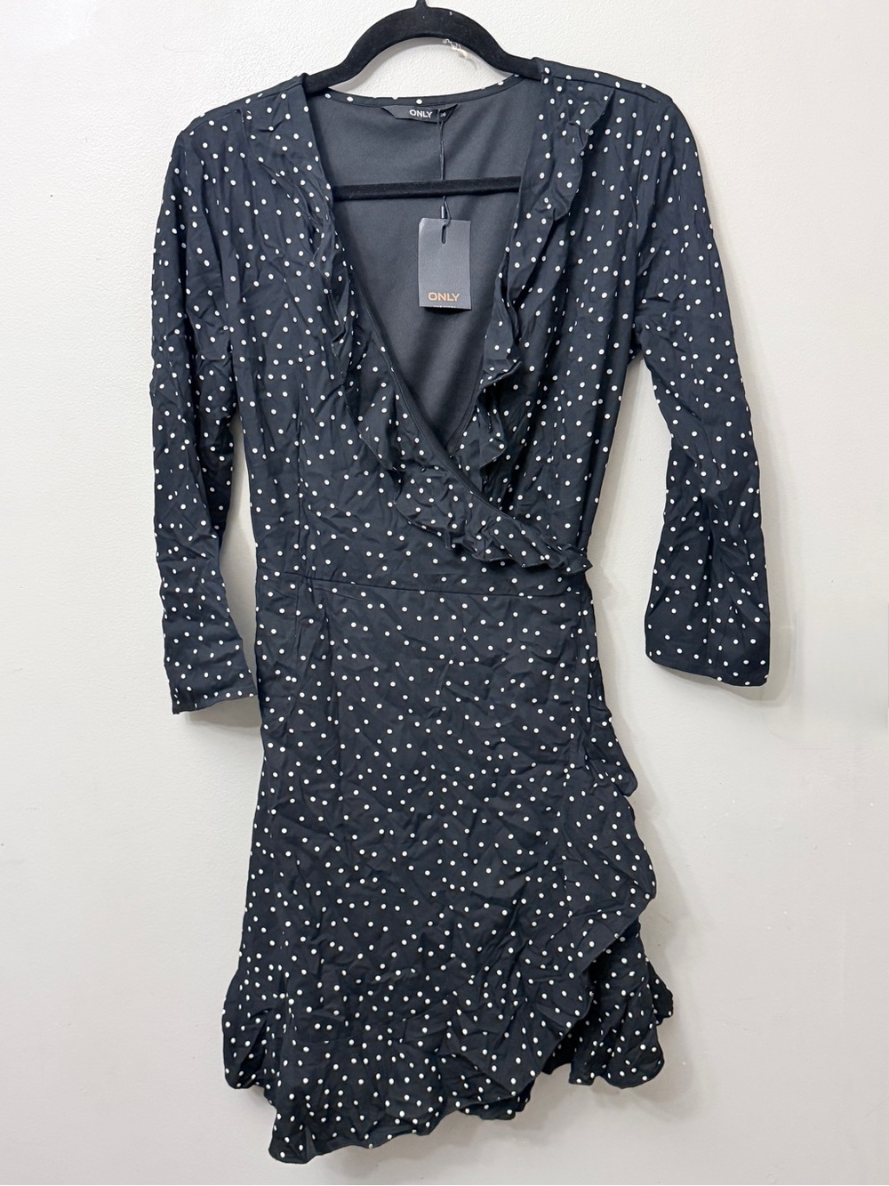ONLY Ruffle Faux Wrap Mini Black Dress Polka Dot Sz 4-6